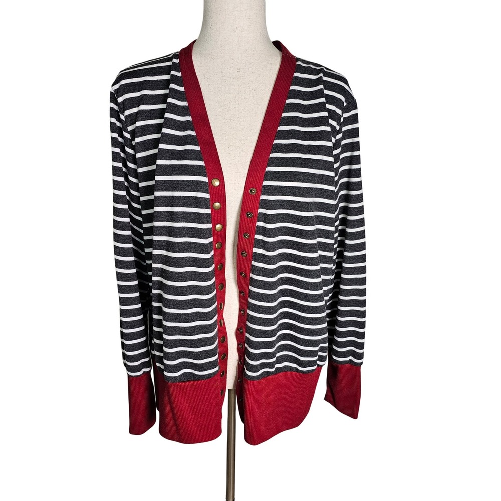 Womens 2XL Nautical Cardigan Gray White Stripe Red Trim Snap Front Long Slv Knit